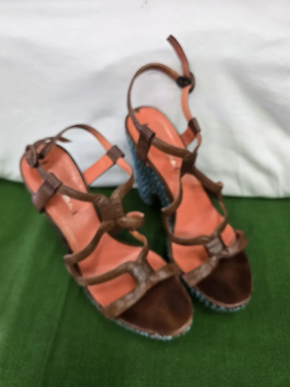 Via Spiga Brown Leather Strappy Platforms with Turquoise Woven Heel